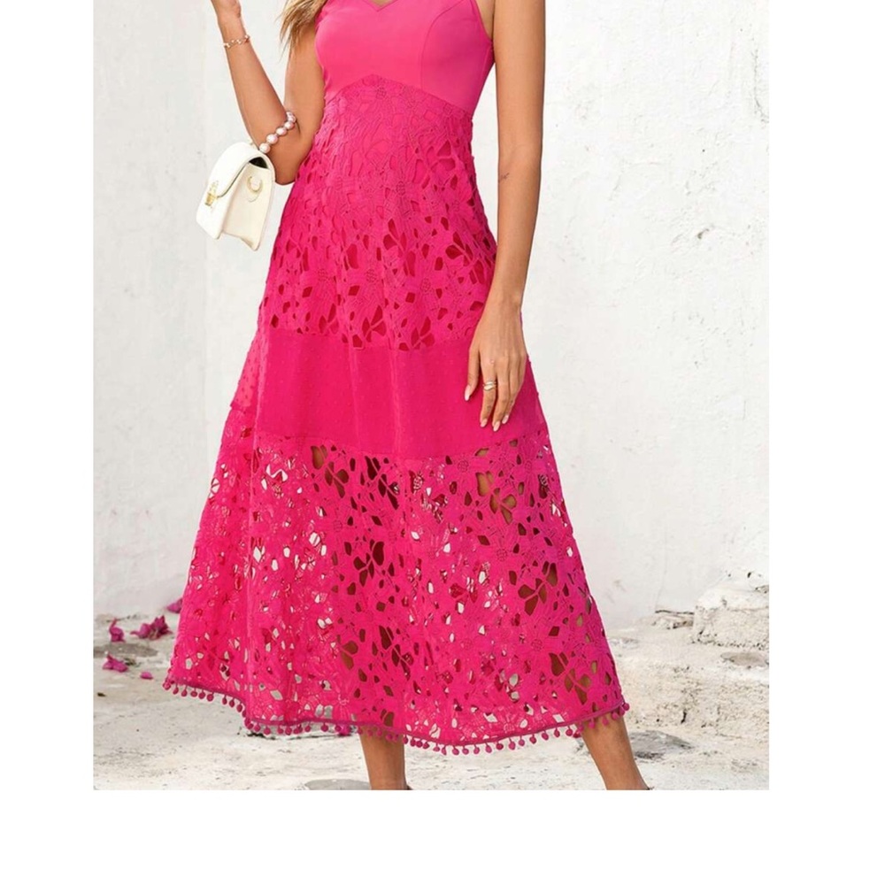 Boston Proper Vibrant Pink Lace Maxi Dress- Large